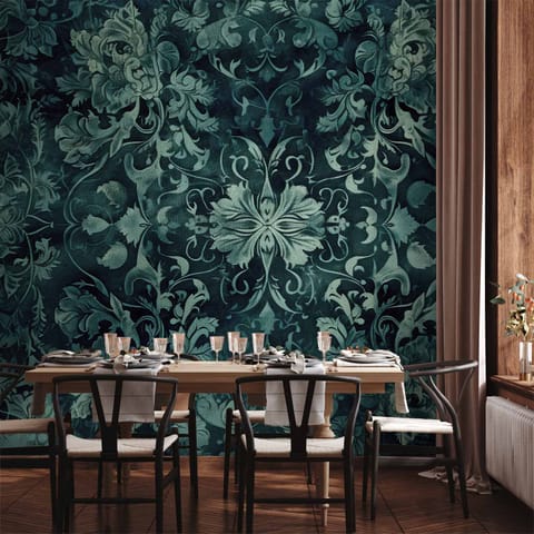 ⁨Fototapeta - Wzór orientalny dywanowy: szmaragdowe ornamenty i przetarte wzory (rozmiar 350x256, wykończenie Wodoodporna)⁩ w sklepie Wasserman.eu