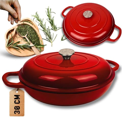 ⁨EMALIOWANY GARNEK ŻELIWNY PŁASKI 30cm 3L HAGE CZERWONY⁩ w sklepie Wasserman.eu