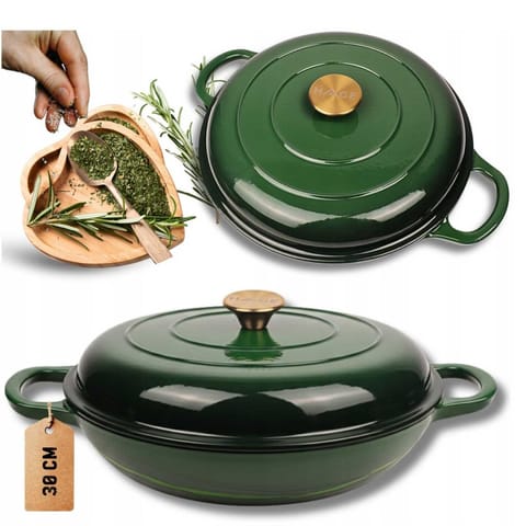 ⁨EMALIOWANY GARNEK ŻELIWNY PŁASKI 30cm 3L HAGE ZIELONY⁩ w sklepie Wasserman.eu