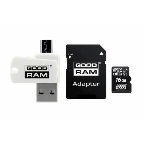 ⁨Karta pamięci z adapterem i czytnikiem kart GoodRam All in one M1A4-0160R12 (16GB; Class 10; Adapter, Czytnik kart MicroSDHC, Karta pamięci)⁩ w sklepie Wasserman.eu
