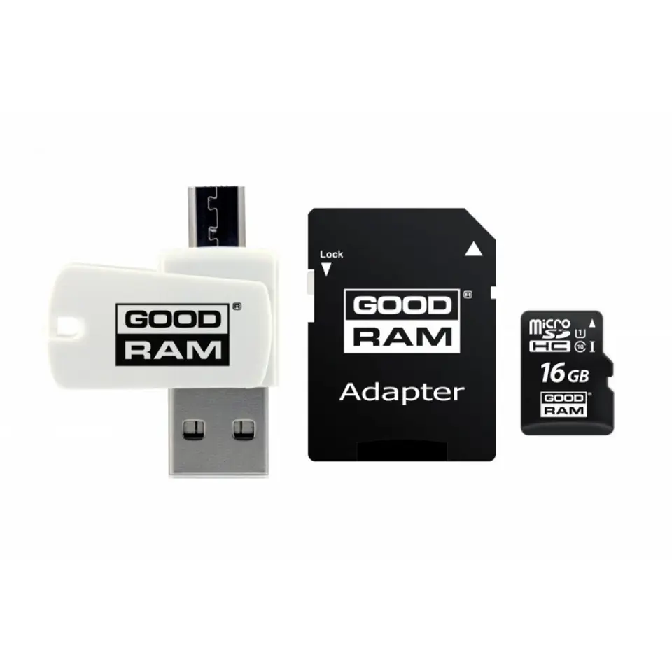 ⁨Memory card with adapter and card reader GoodRam All in one M1A4-0160R12 (16GB; Class 10; Adapter, MicroSDHC Card Reader, Memory Card)⁩ at Wasserman.eu