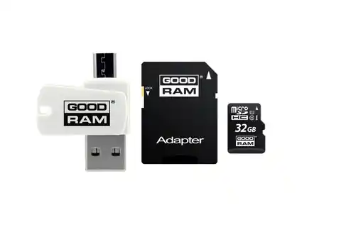 ⁨Karta pamięci z adapterem i czytnikiem kart GoodRam All in one M1A4-0320R12 (32GB; Class 10; Adapter, Czytnik kart MicroSDHC, Karta pamięci)⁩ w sklepie Wasserman.eu