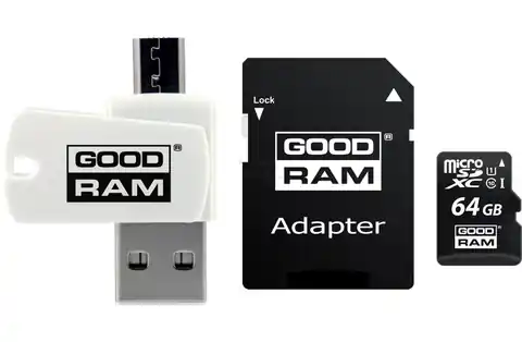 ⁨Karta pamięci z adapterem i czytnikiem kart GoodRam All in one M1A4-0640R12 (64GB; Class 10; Adapter, Czytnik kart MicroSDHC, Karta pamięci)⁩ w sklepie Wasserman.eu