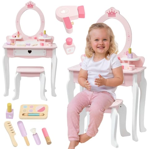 ⁨VIGA Duża Toaletka Drewniana Biało-Różowa z Lustrem i Krzesełkiem⁩ w sklepie Wasserman.eu