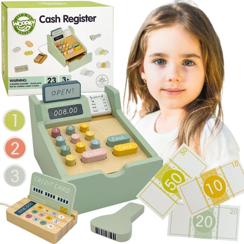 ⁨WOOPIE GREEN Drewniana Kasa Sklepowa Edukacyjna z Akcesoriami 23 el. FSC⁩ w sklepie Wasserman.eu