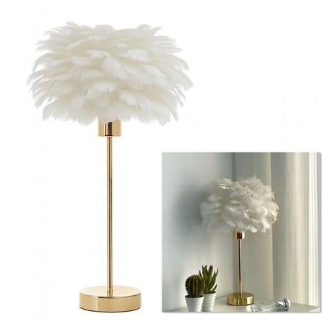 ⁨Elegancka lampa nocna stołowa z kloszem z białych piór ściemniacz 3 kolory świecenia na komode USB OZD12⁩ w sklepie Wasserman.eu