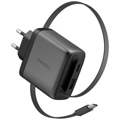 ⁨Ładowarka sieciowa Energea Ampcharge Arc 65 USB-A/USB-C + zwijany kabel USB-C PD/PPS/QC3.0 GaN gunmetal⁩ w sklepie Wasserman.eu