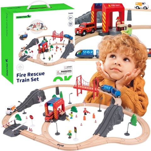 ⁨Tooky Toy Drewniana Kolejka Elektryczna Straż Pożarna Efekty Dźwiękowe 70 el.⁩ w sklepie Wasserman.eu