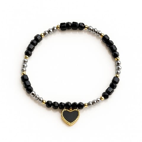 ⁨Bransoletka na rękę stal chirurgiczna pozłacana 14k złotem, czarne Serce, na gumce BST1566⁩ w sklepie Wasserman.eu