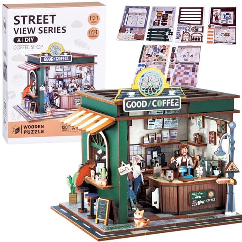 ⁨Drewniane PUZZLE 3D Seria budynek Kawiarnia 120 ele oświetlenie ZA6012⁩ w sklepie Wasserman.eu