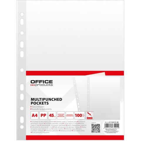 ⁨Koszulki krystaliczne na dokumenty PP A4 45mikr. (100szt.) 21142315-90 OFFICE PRODUCTS⁩ w sklepie Wasserman.eu