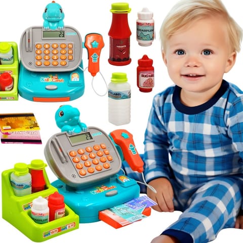 ⁨WOOPIE Kasa Sklepowa z Półką DINO Niebieski⁩ w sklepie Wasserman.eu