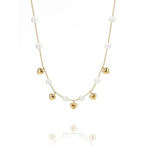 ⁨Naszyjnik Długi stal szlachetna pozłacana 14k złotem, perełki i serduszka NST2235⁩ w sklepie Wasserman.eu