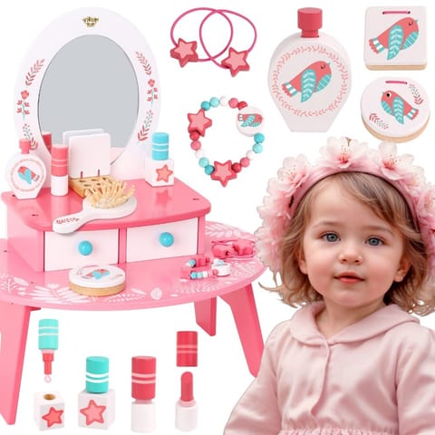 ⁨TOOKY TOY Różowa Toaletka Drewniana Do Makijażu z Lustrem⁩ w sklepie Wasserman.eu