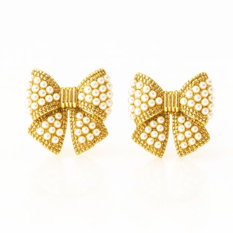 ⁨Kolczyki ze stali szlachetnej pozłacane 14k złotem, perełkowe Kokardki KST3511⁩ w sklepie Wasserman.eu