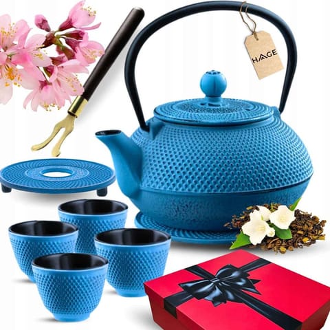 ⁨ZAPARZACZ ŻELIWNY DZBANEK NIEBIESKI 900ml Z FILTREM i FILIŻANKAMI PREZENT⁩ w sklepie Wasserman.eu