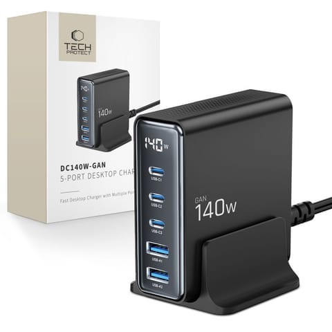 ⁨Stacja ładująca do urządzeń z wyświetlaczem 3x USB-C 2x USB-A GaN 140W - czarna⁩ w sklepie Wasserman.eu