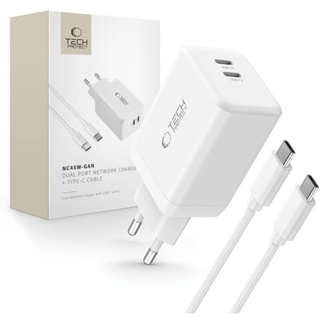 ⁨Ładowarka sieciowa NC45W-GAN 2x USB-C 45W z kablem USB-C - biała⁩ w sklepie Wasserman.eu