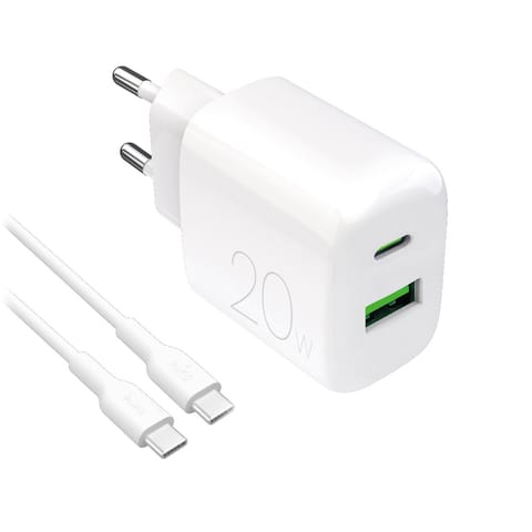⁨Ładowarka sieciowa USB-A USB-C 20W z kablem USB-C 1.2m - biała⁩ w sklepie Wasserman.eu