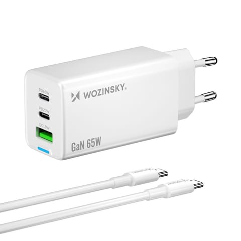 ⁨Ładowarka sieciowa GaN USB-A USB-C z kablem USB-C 65W - biała⁩ w sklepie Wasserman.eu