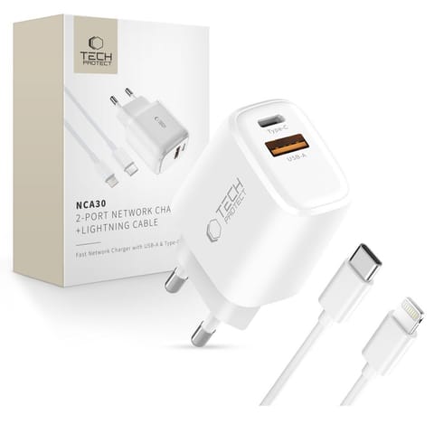 ⁨Ładowarka sieciowa NCA30 USB-A USB-C PD QC 30W z kablem USB-C - iPhone Lightning 1m - biała⁩ w sklepie Wasserman.eu