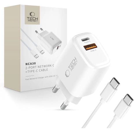 ⁨Ładowarka sieciowa NCA30 USB-A USB-C PD QC 30W z kablem USB-C 1m - biała⁩ w sklepie Wasserman.eu