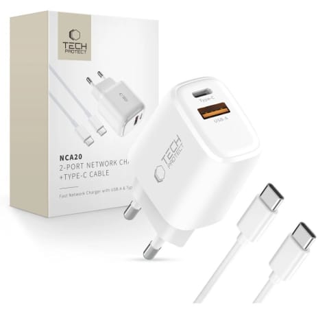 ⁨Ładowarka sieciowa NCA20 USB-A USB-C PD QC 20W z kablem USB-C 1m - biała⁩ w sklepie Wasserman.eu