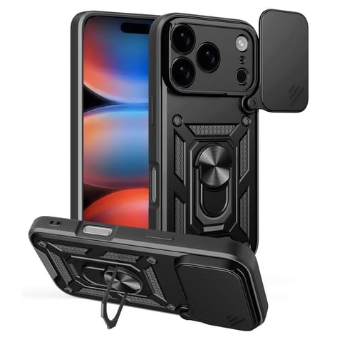 ⁨Etui pancerne z podstawką osłoną aparatu na iPhone 17 Pro Max Hybrid Armor Camshield - czarne⁩ w sklepie Wasserman.eu