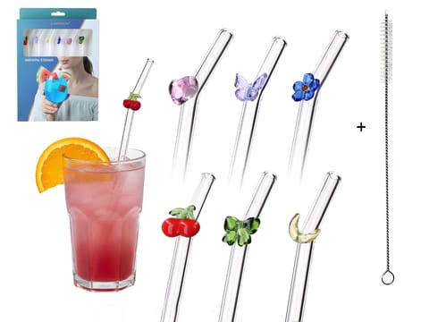 ⁨Kpl. 6 szklanych słomek z ozdobną dekoracją i czyścikiem.⁩ w sklepie Wasserman.eu