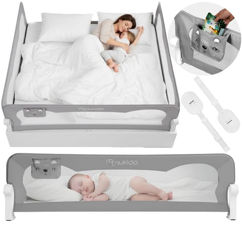 ⁨Barierka ochronna do łóżka zabezpieczająca bramka blokada 200 cm Nukido szara⁩ w sklepie Wasserman.eu