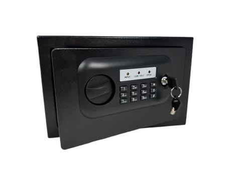 ⁨Czarny kompaktowy sejf biurowy na kod i klucz⁩ w sklepie Wasserman.eu