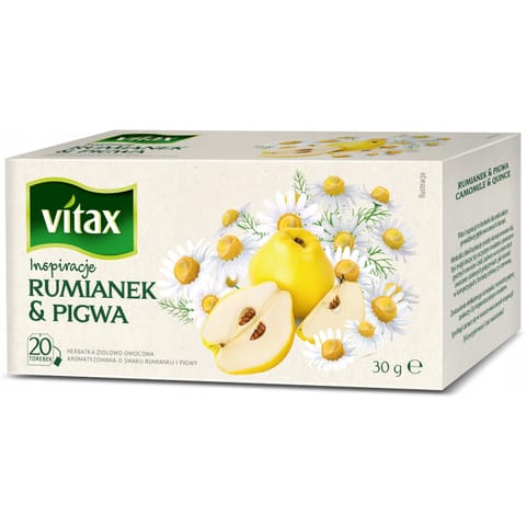 ⁨Herbata owocowo-ziołowa VITAX INSPIRATIONS (20 torebek z zawieszką) 33g Rumianek & Pigwa⁩ w sklepie Wasserman.eu
