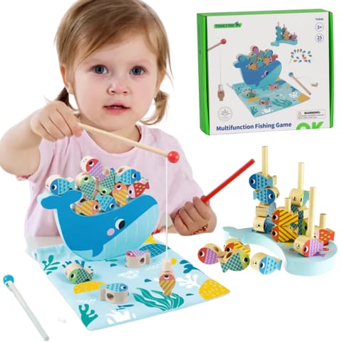 ⁨TOOKY TOY Drewniana Gra Wieloryb i Rybki Wielofunkcyjna 4w1 Montessori Łowienie Rybek Stacker Nawlekanka Wieża FSC⁩ w sklepie Wasserman.eu