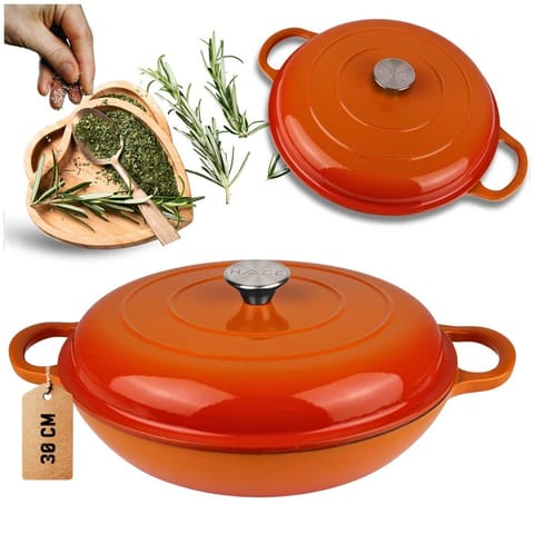 ⁨EMALIOWANY GARNEK ŻELIWNY PŁASKI 30cm 3L HAGE ORANGE⁩ w sklepie Wasserman.eu