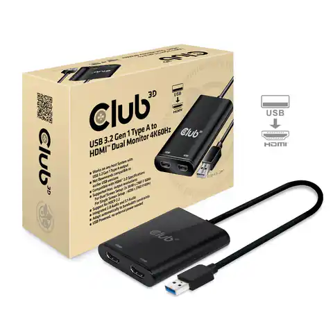 ⁨Spliter Club3D CSV-1474 (USB 3.0 type A to Dual HDMI 2.0 4K 60Hz External Graphics video adapter for multiple Monitors)⁩ w sklepie Wasserman.eu