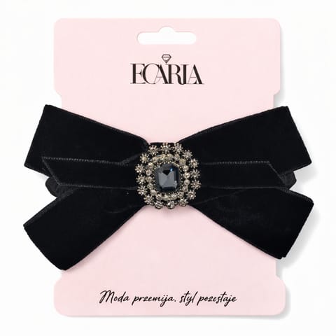 ⁨Gumka do włosów frotka, welurowa KOKARDA czarna z cyrkoniami GUM188⁩ w sklepie Wasserman.eu