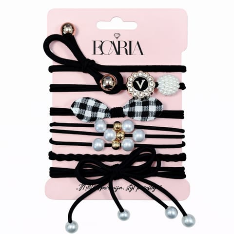 ⁨Zestaw frotek gumek 6w1 na plakietce, czarne kokardki z perełkami kratka GUM181⁩ w sklepie Wasserman.eu