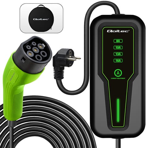 ⁨Qoltec Mobilna ładowarka do samochodu elektrycznego EV z regulacją 2w1 Typ2 | 3.5kW | 230V | LCD | Przenośna | 4m⁩ w sklepie Wasserman.eu