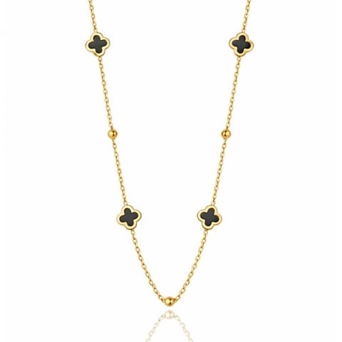 ⁨Naszyjnik stal szlachetna pozłacana 14k złotem, koniczynki czarne NST2251⁩ w sklepie Wasserman.eu