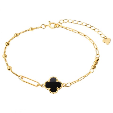 ⁨Bransoletka na rękę stal chirurgiczna pozłacana 14k złotem, koniczynka czarna BST1599⁩ w sklepie Wasserman.eu