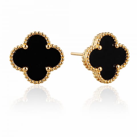 ⁨Kolczyki ze stali szlachetnej platerowane 14k złotem, sztyft, Koniczynka czarna KST3377⁩ w sklepie Wasserman.eu