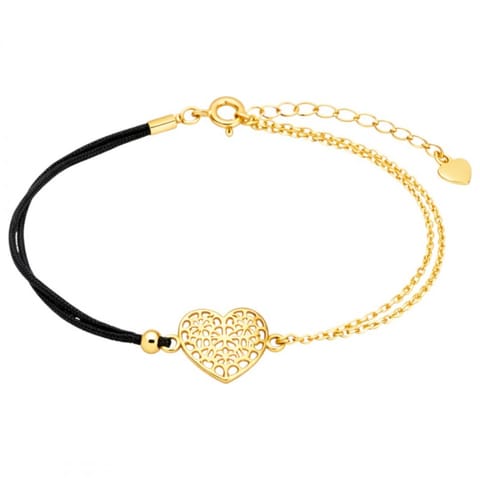 ⁨Bransoletka na rękę stal chirurgiczna pozłacana ażurowe SERCE, czarna na sznurku BST1603⁩ w sklepie Wasserman.eu