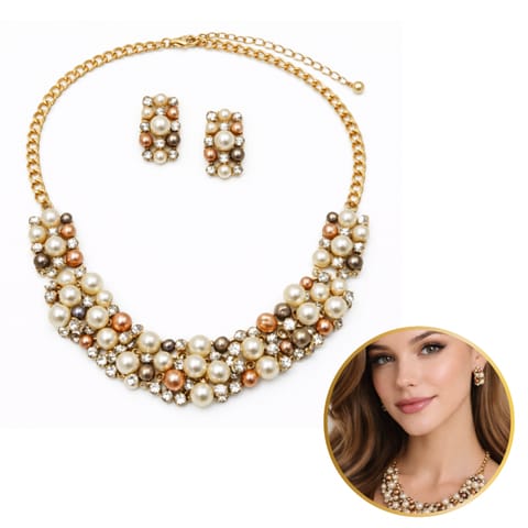 ⁨Elegancki Zestaw Biżuterii z Perłami i Kryształami – Naszyjnik + Kolczyki N1070⁩ w sklepie Wasserman.eu