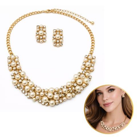 ⁨Elegancki Zestaw Biżuterii z Perłami i Kryształami – Naszyjnik + Kolczyki N1070K⁩ w sklepie Wasserman.eu