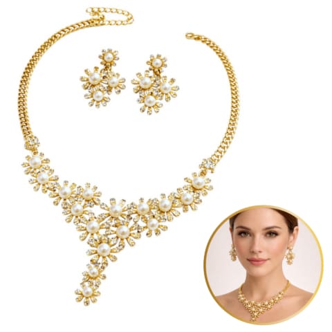 ⁨Elegancki Zestaw Biżuterii z Perłami i Kryształami – Naszyjnik + Kolczyki, złoty N1071Z⁩ w sklepie Wasserman.eu