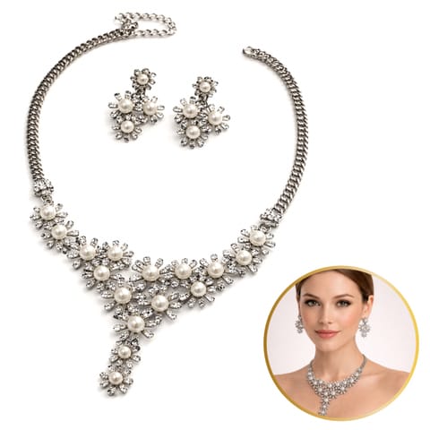 ⁨Elegancki Zestaw Biżuterii z Perłami i Kryształami – Naszyjnik + Kolczyki, srebrny N1071S⁩ w sklepie Wasserman.eu