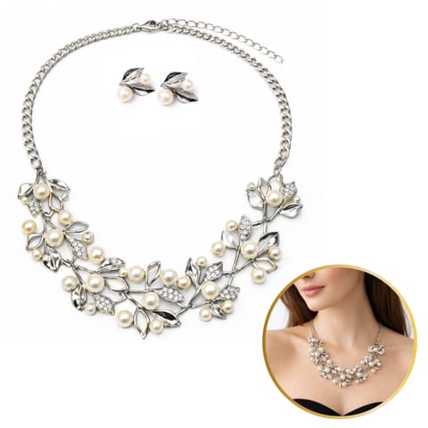 ⁨Elegancki Zestaw Biżuterii Naszyjnik + kolczyki z Perłami i Kryształami, Listki srebrne N1072S⁩ w sklepie Wasserman.eu
