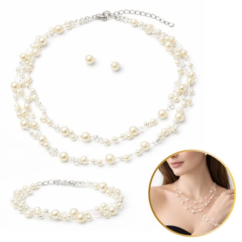 ⁨Delikatny zestaw ślubny z perłami, naszyjnik, bransoletka, kolczyki N1074⁩ w sklepie Wasserman.eu