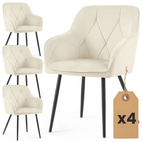 ⁨4x Welurowe krzesło tapicerowane pikowane Kremowe DIAMANTE Czarne nogi⁩ w sklepie Wasserman.eu