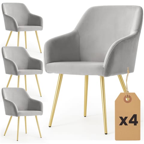 ⁨4x Welurowe krzesło tapicerowane gładkie Szare ESTELLE Złote nogi⁩ w sklepie Wasserman.eu